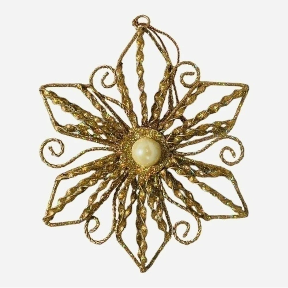 Vintage Metal Christmas Star Ornament Gold Pearl Xmas Holiday Decor Collectible